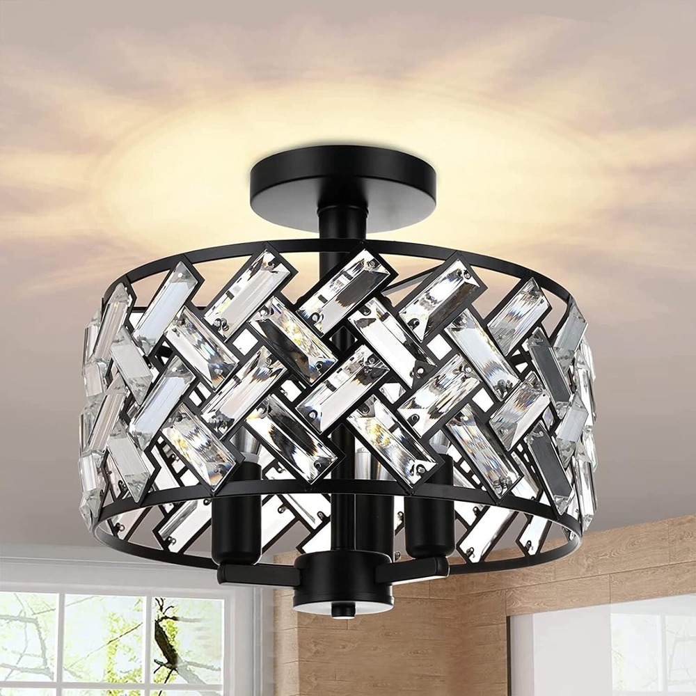 Semi Flush Mount Ceiling Light Fixture Black Crystal 3-Light 11.81 Inch Drum
